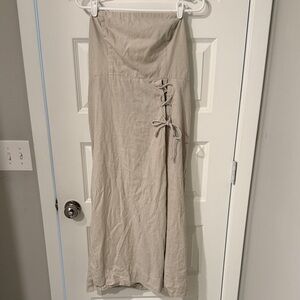 Free People Linen Lace-Up Maxi Dress Khaki Beige L Large Straps Slit Button
